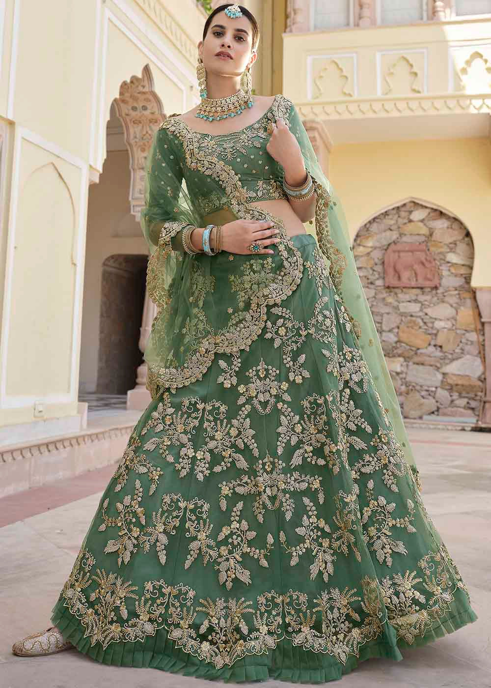 Gray Green Soft Net Designer Lehenga Choli With Dori & Sequins Work