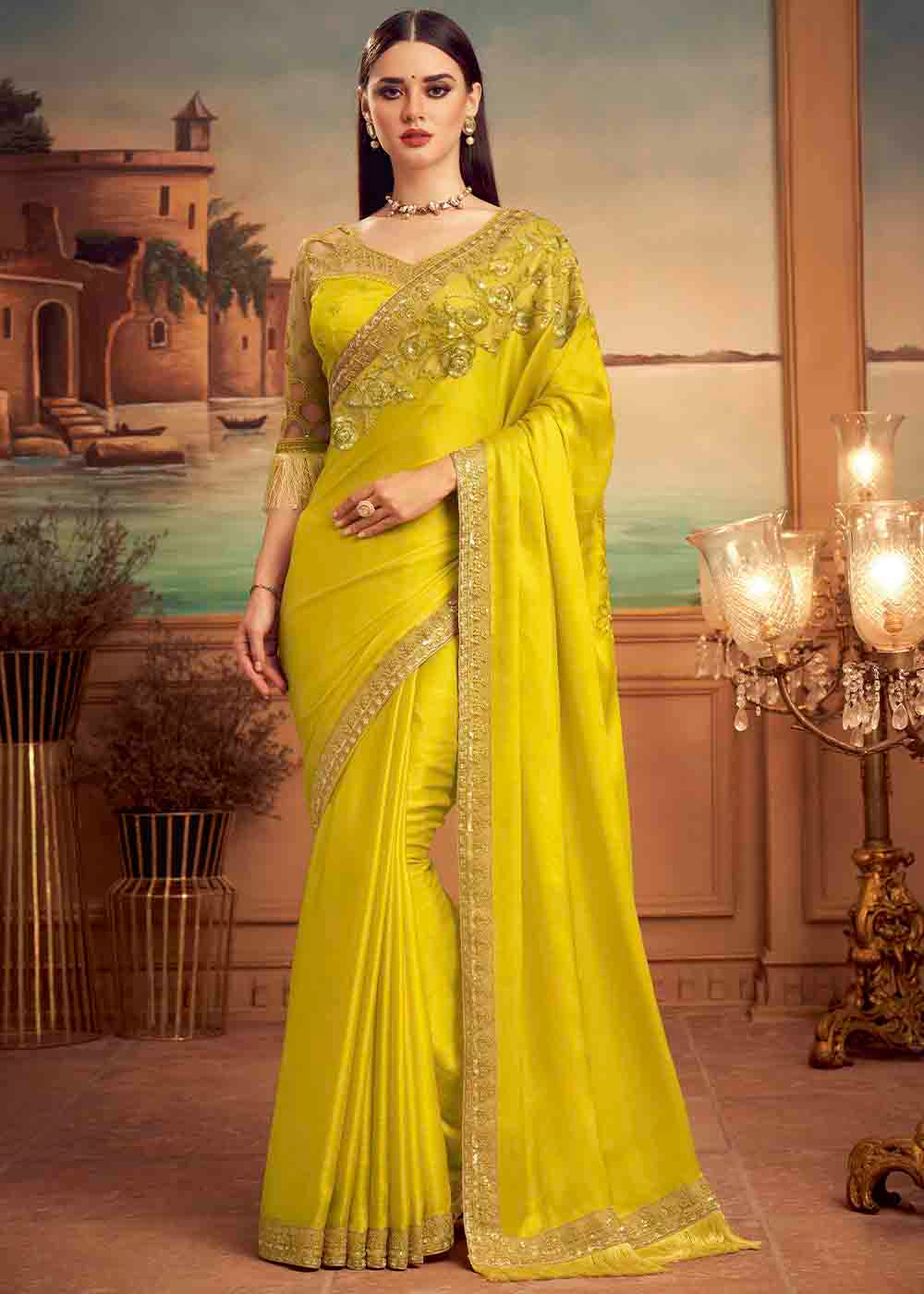 Tulip Tree Yellow Embroidered Satin Silk Designer Saree