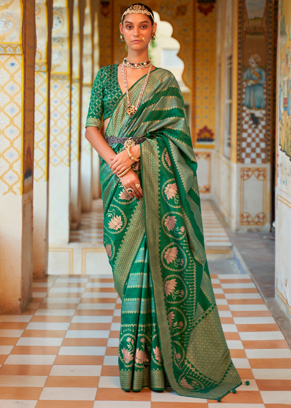 Pine Green Zari Woven Banarasi Saree