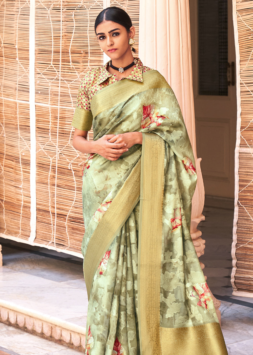 Beryl Green Digital Printed Banarasi Cotton Saree