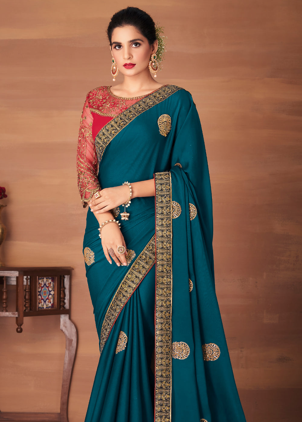 Midnight Blue and Red Designer Saree with Embroidered Blouse