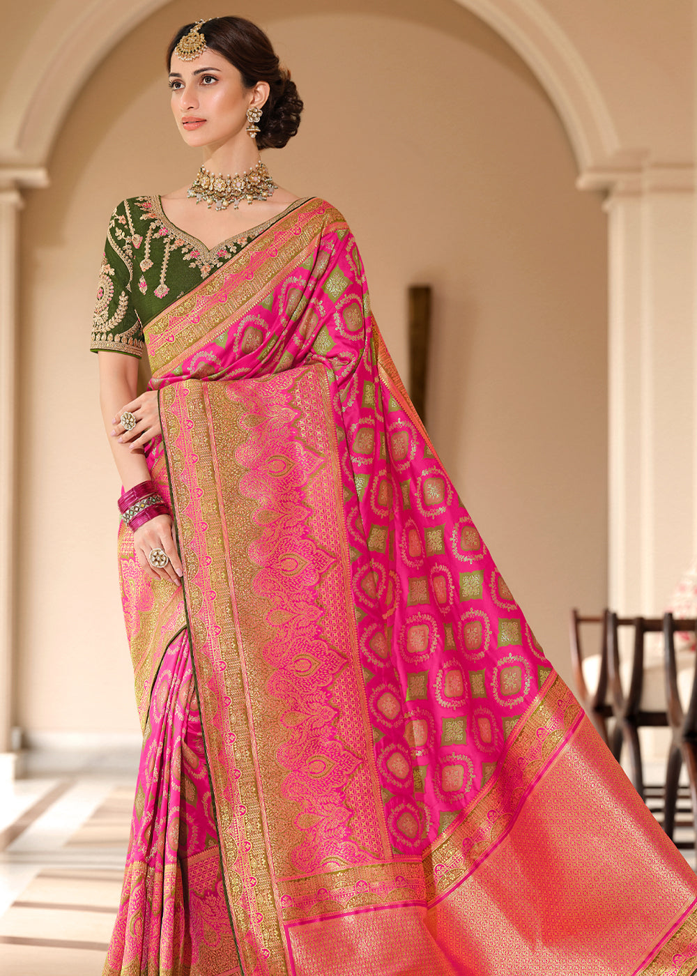 Geraldine Pink and Green Woven Designer Banarasi Silk Saree