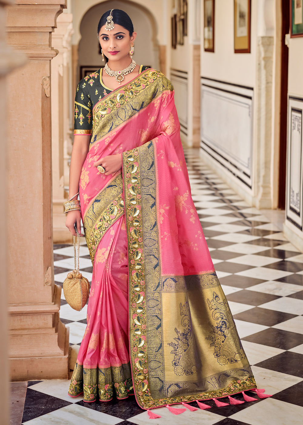 Candy Pink and Grey Zari Woven Designer Banarasi Saree