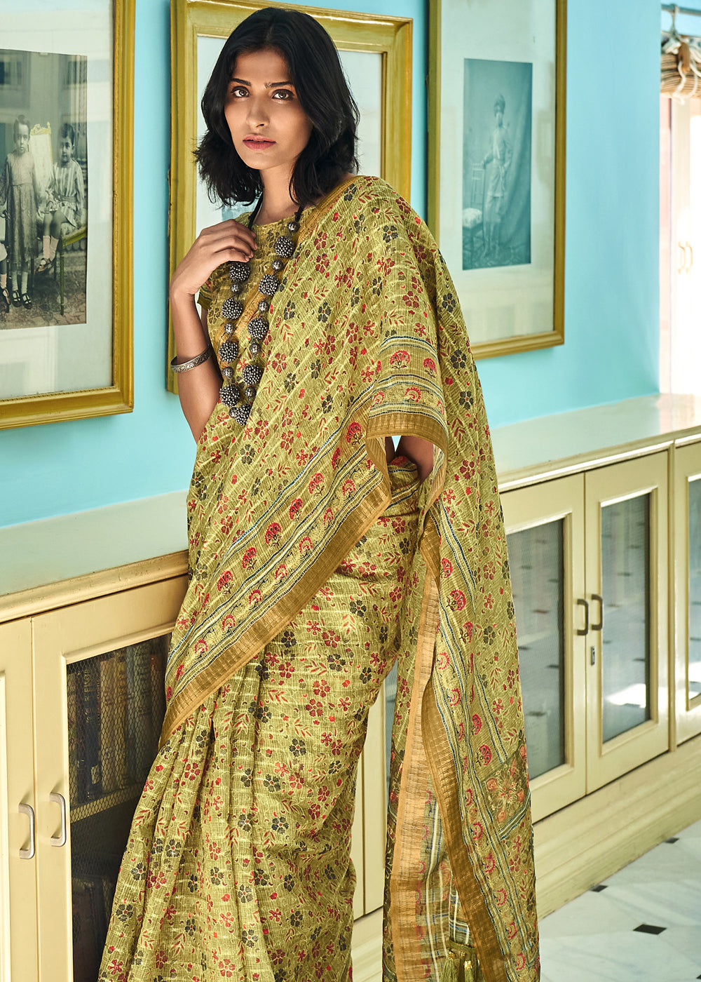 Laser Green Printed Linen Saree