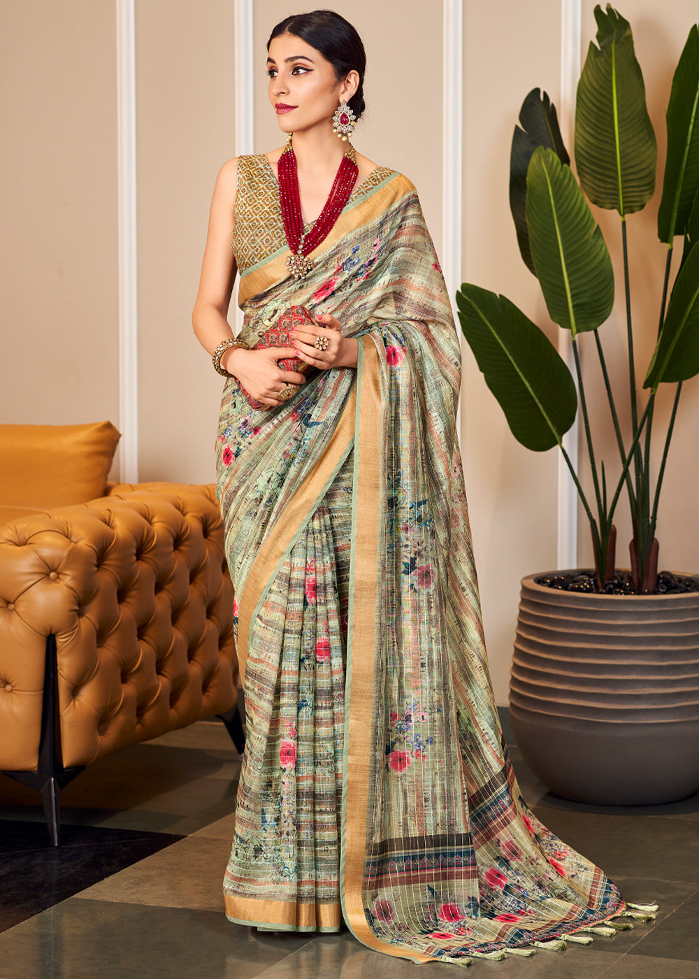 Tallow Green Linen Saree with Digital Print