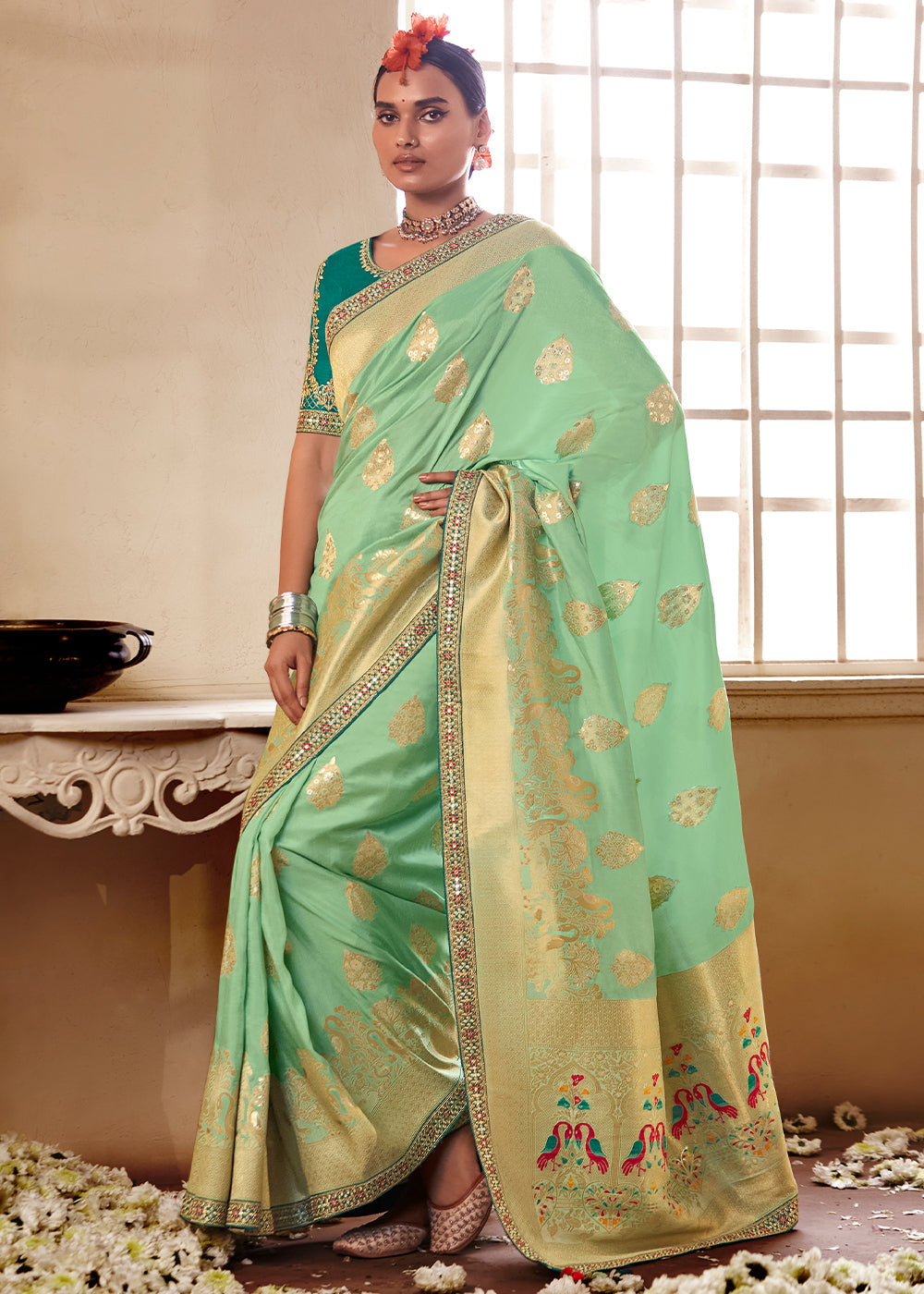 Spring Rain Green Banarasi Saree with Designer Blouse