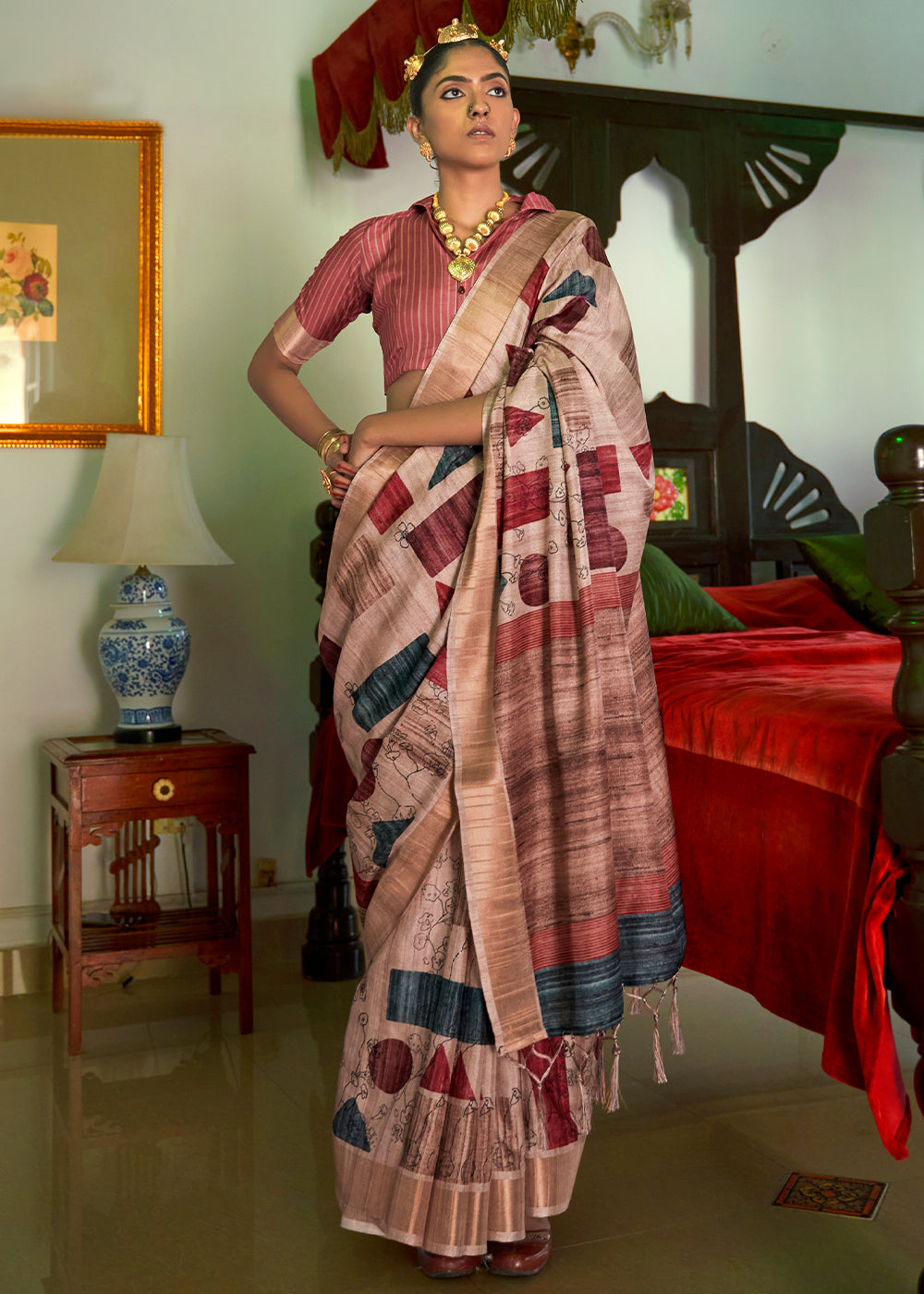 Oriental Pink Designer Printed Silk Saree