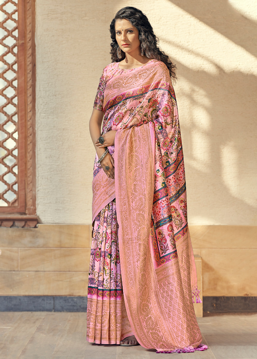 Shimmering Pink Digital Printed Jacquard Silk Saree