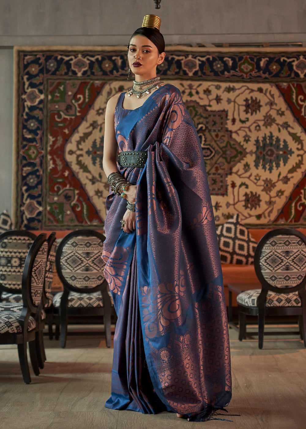 Baltic Blue Copper Zari Woven Banarasi Saree