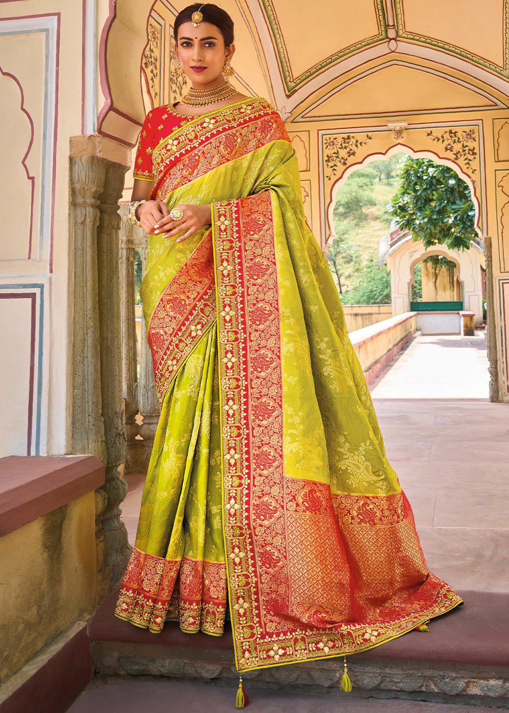 Anzac Green and Red Embroidered Dola Silk Saree