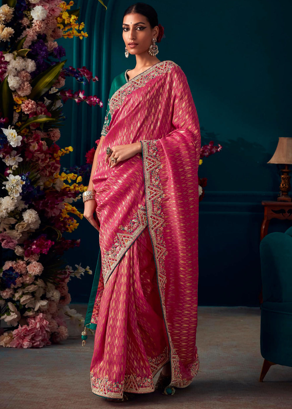 Petite Pink Woven Embroidered Banarasi Silk Saree