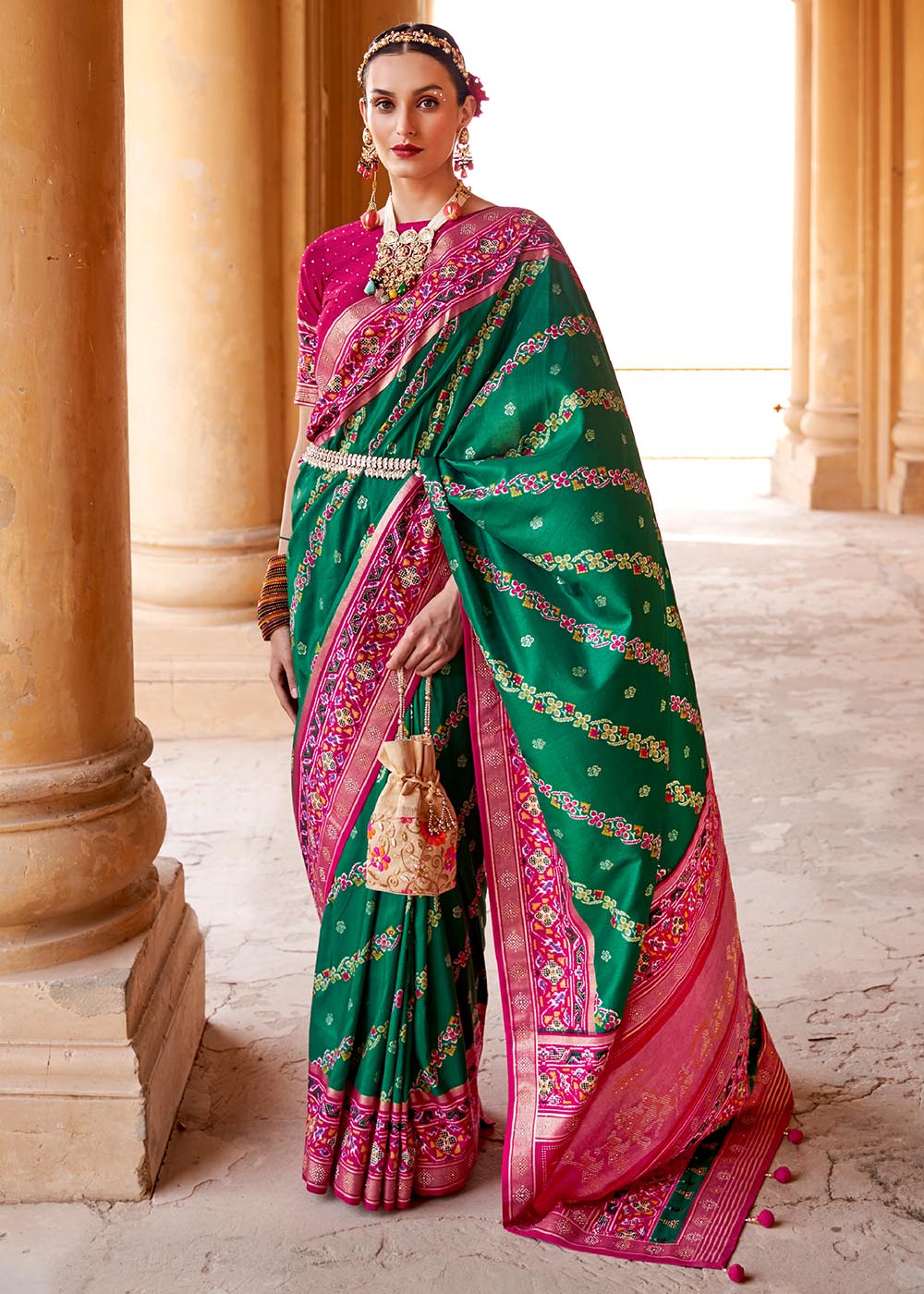 Pine Green and Pink Printed Patola Saree