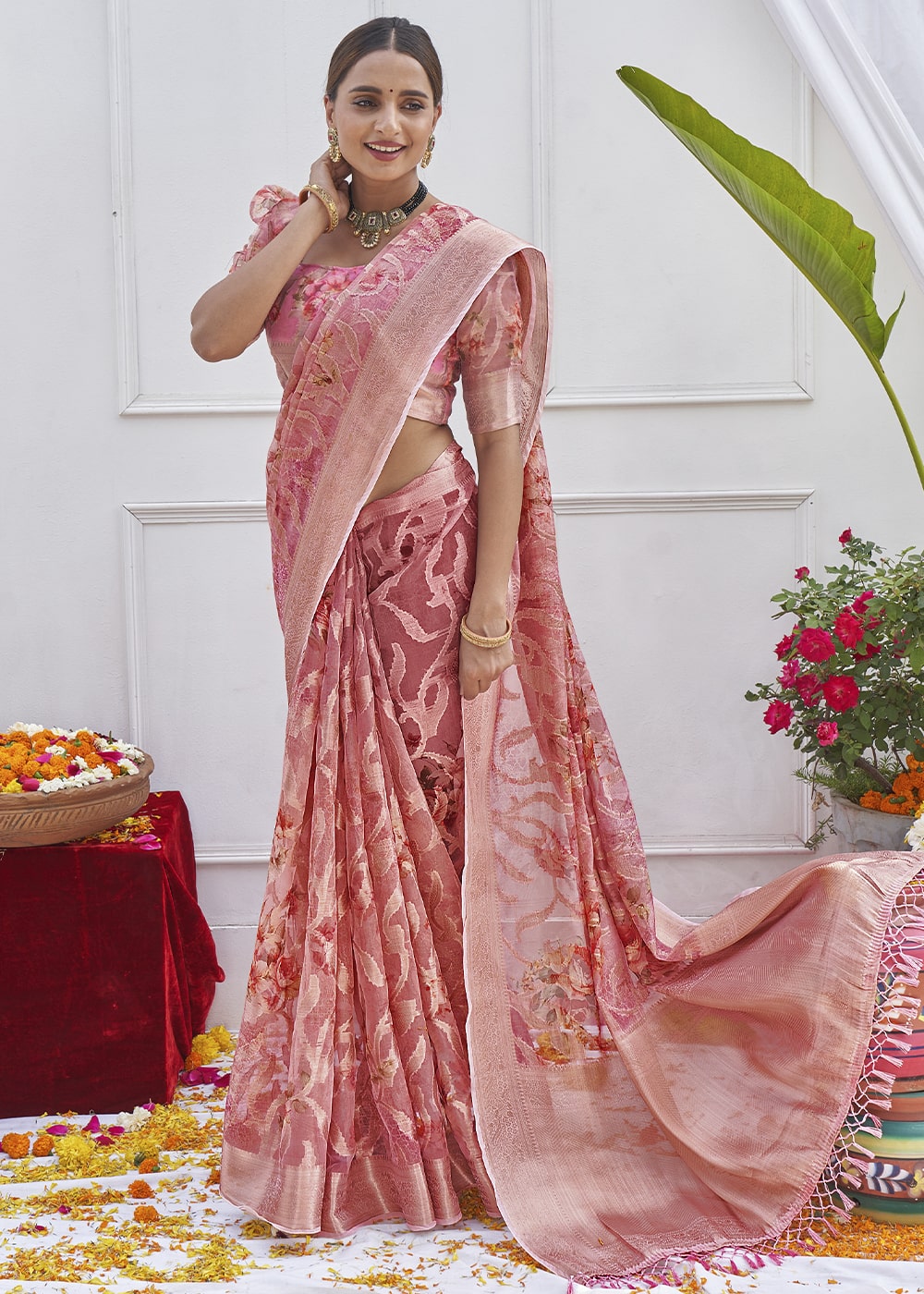 Copper Penny Pink Digital Printed Organza Silk Saree