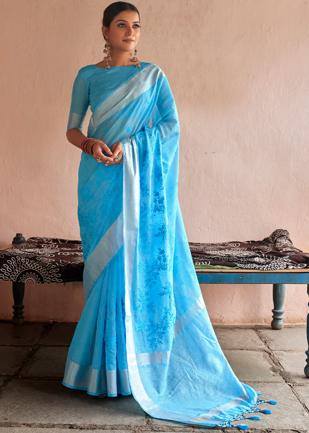 Denim Blue Floral Embroidered Linen Saree