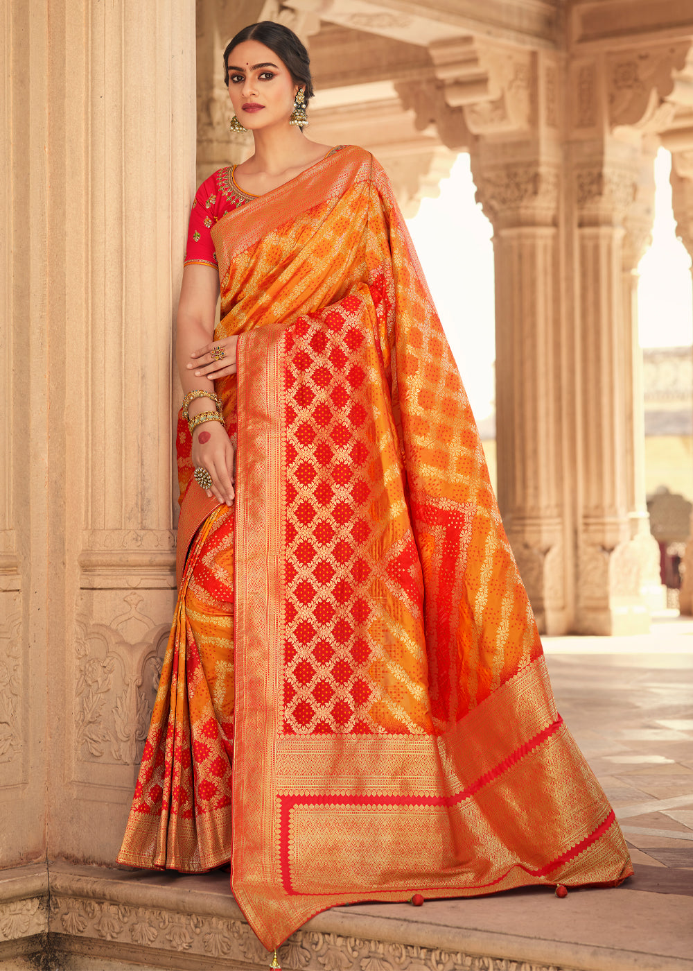 Texas Orange and Red Zari Woven Banarasi Saree with Designer Blouse