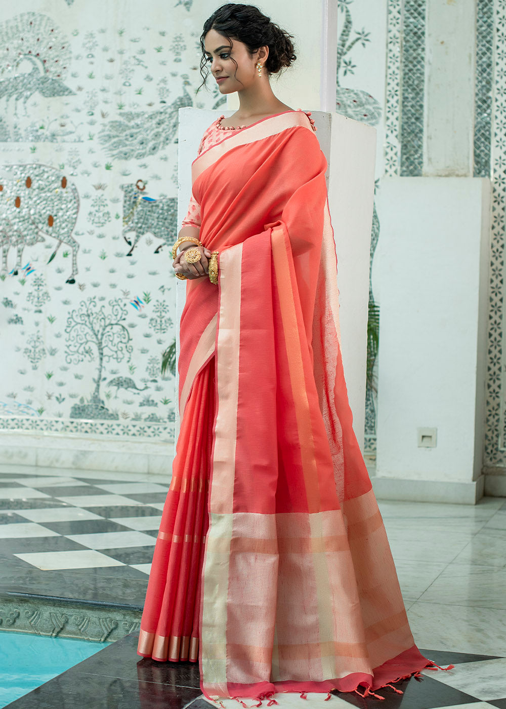 Pearl Red Zari Woven Linen Saree