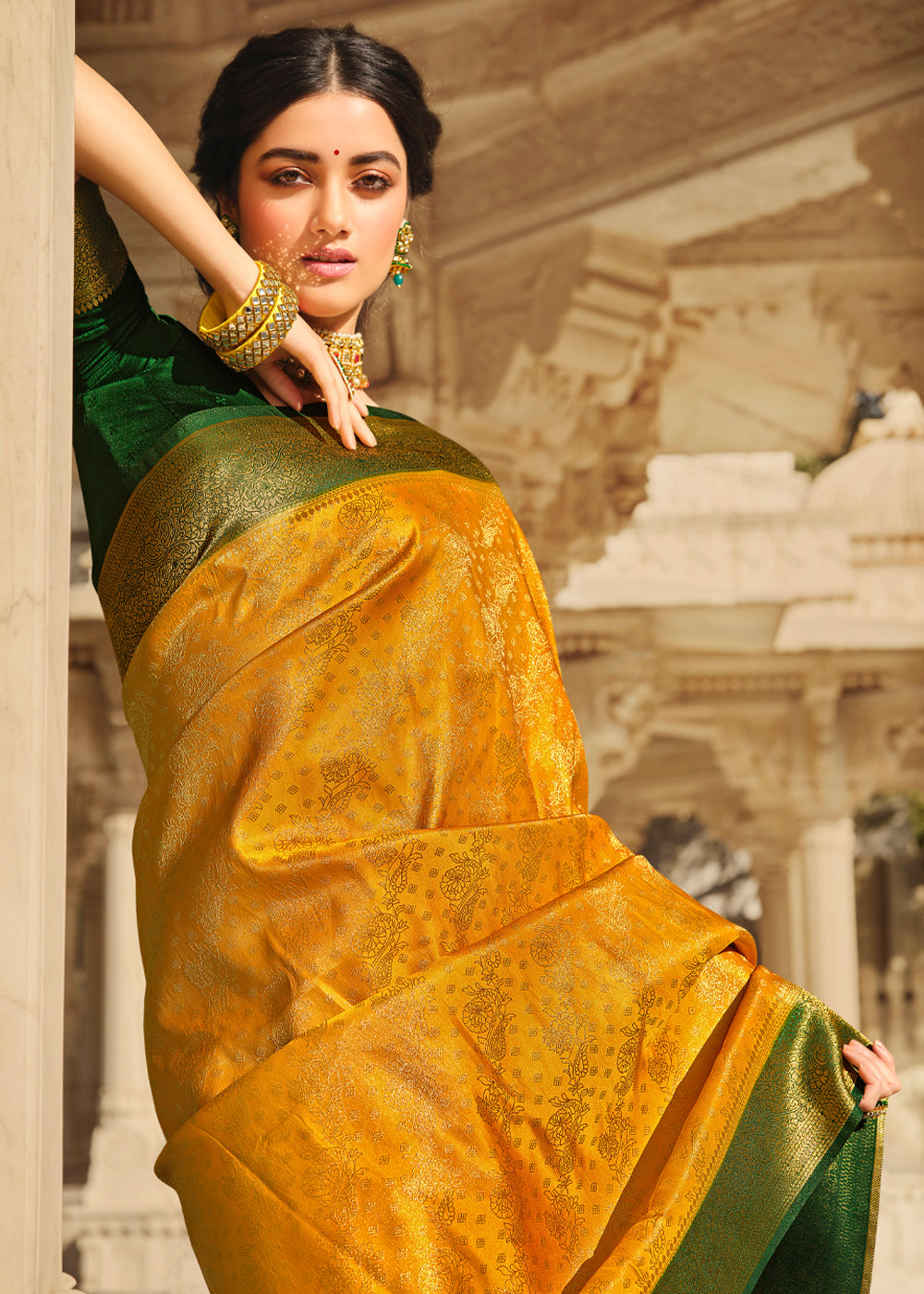 Sea Yellow and Green Zari Woven Kanjivaram Saree