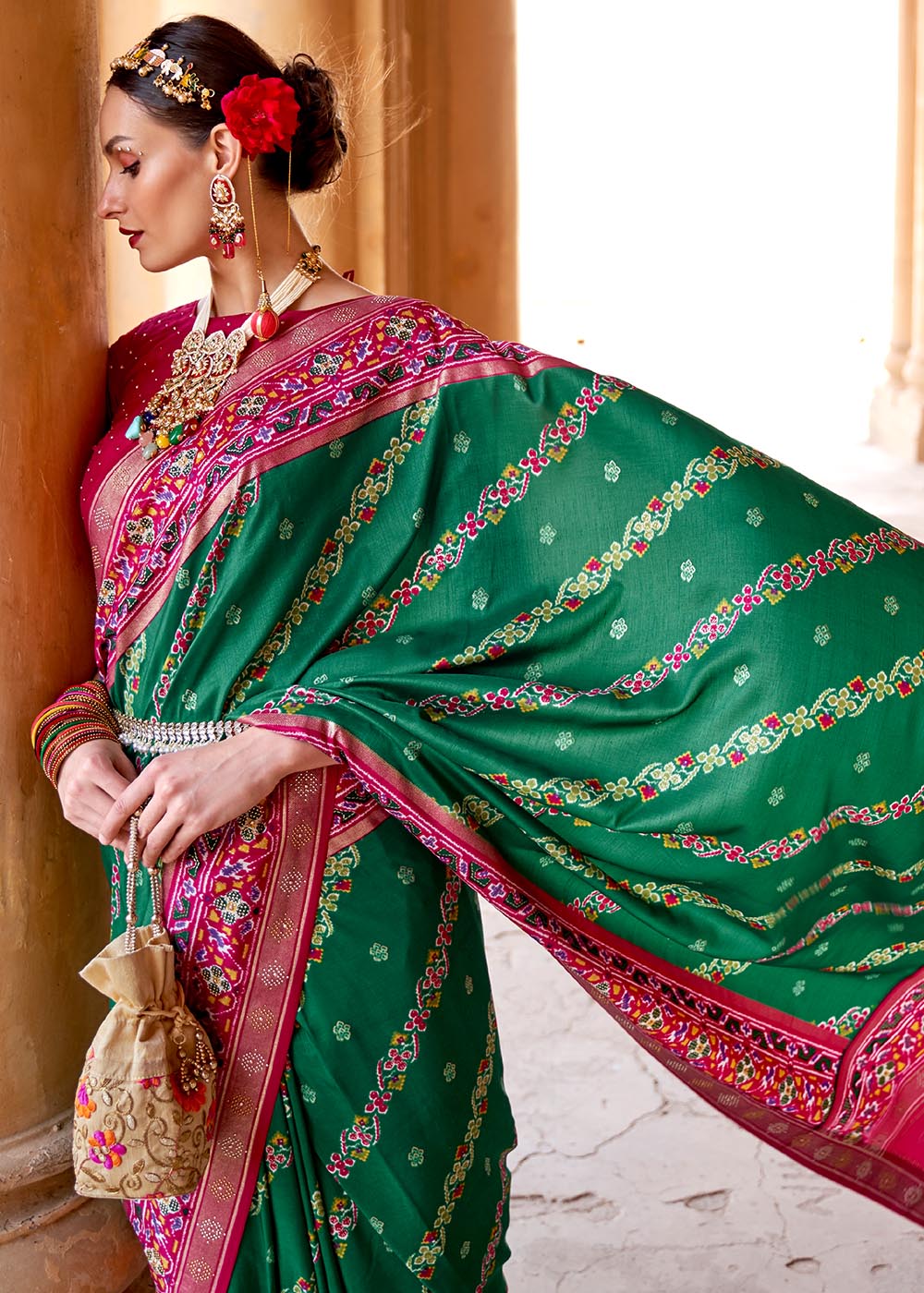 Pine Green and Pink Printed Patola Saree