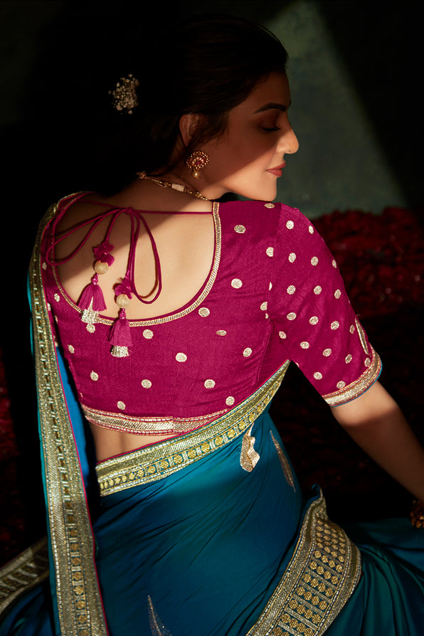 Malachite Blue and Pink South Silk Saree