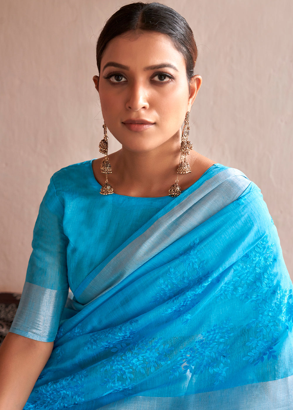 Denim Blue Floral Embroidered Linen Saree