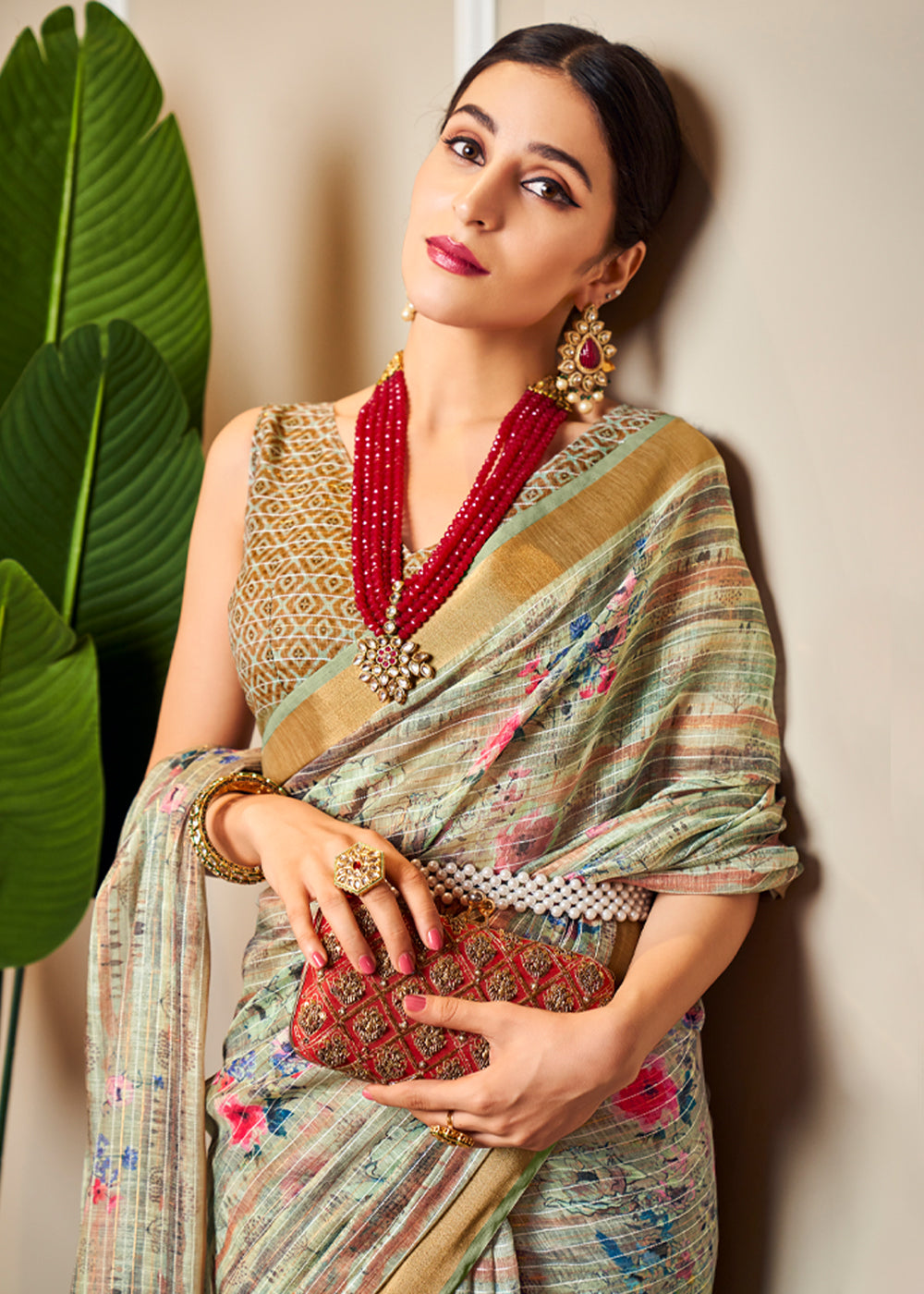 Tallow Green Linen Saree with Digital Print