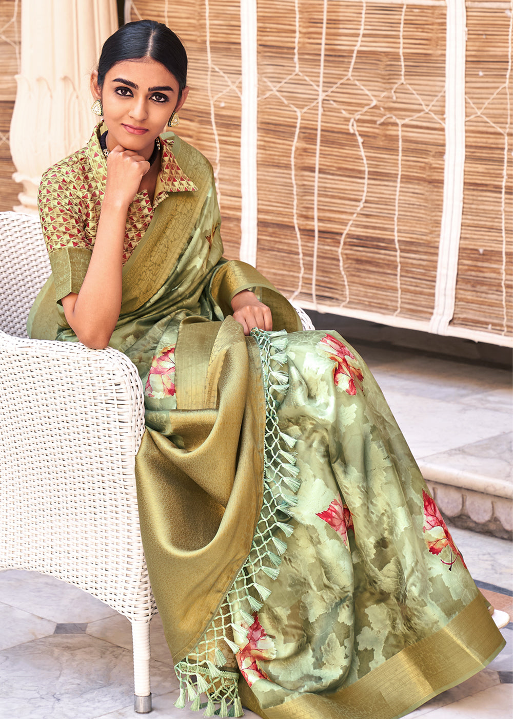 Beryl Green Digital Printed Banarasi Cotton Saree