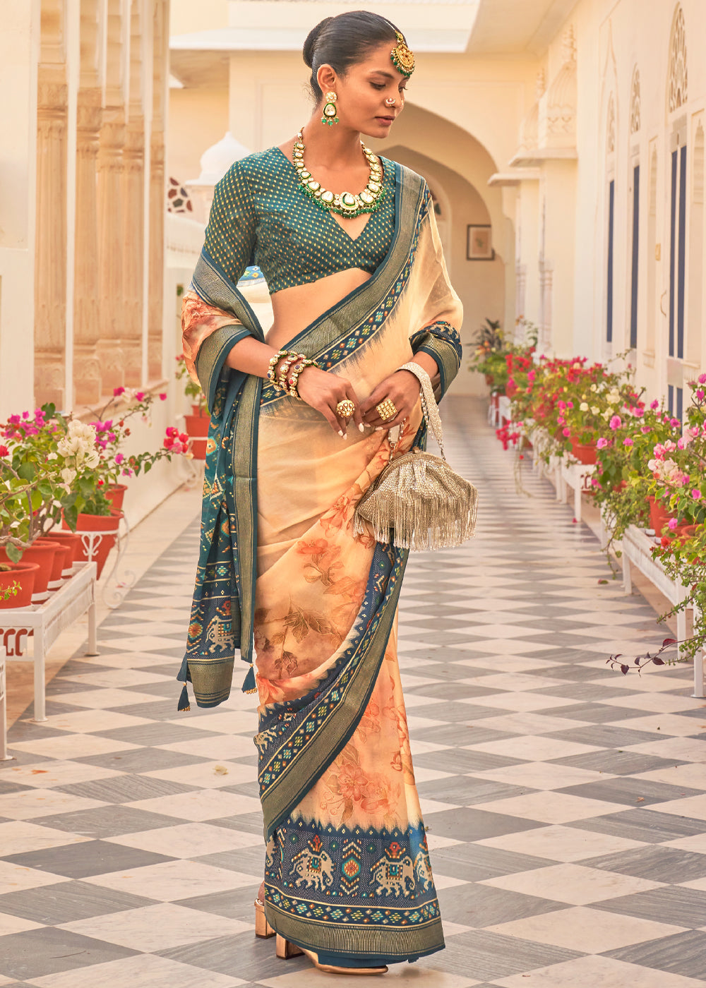 Tumbleweed Peach Printed Chiffon Patola Silk Saree