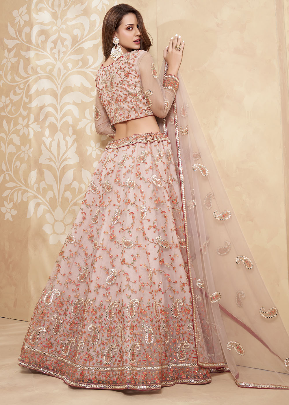 Cavern Pink Designer Net Lehenga with Multi Thread Embroidery Work