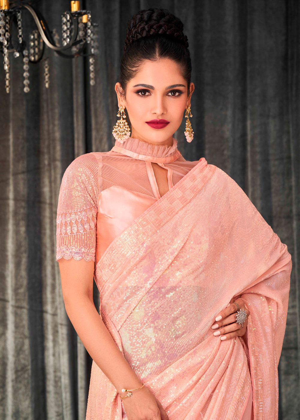 Apricot Pink Sequins Embroidered Designer Georgette Saree