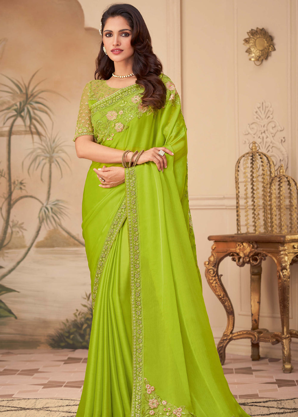 Pistachio Green Georgette Designer Saree with Embroidered Blouse