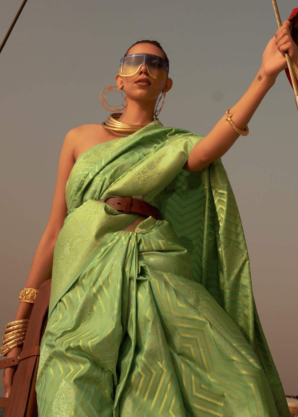 Peridot Green Dual Tone Banarasi Satin Silk Saree