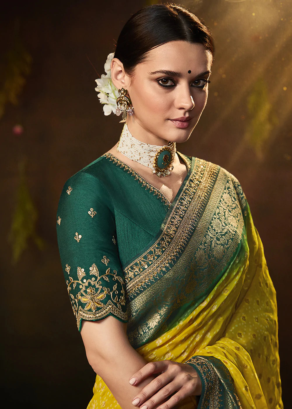 Yellow and Green Handloom Georgette Saree with Embroidered Blouse