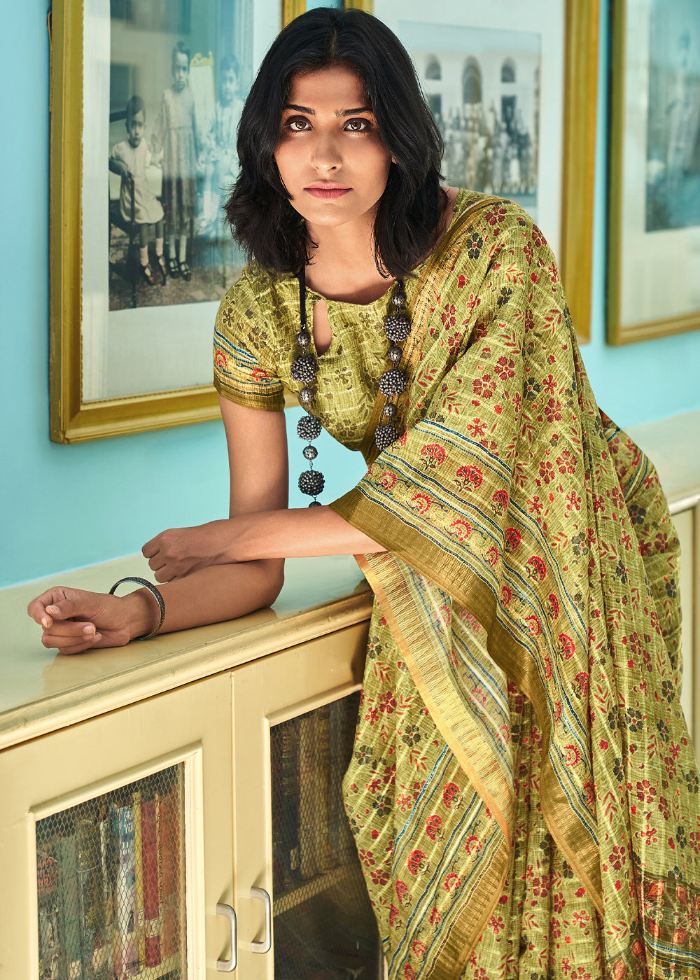 Laser Green Printed Linen Saree