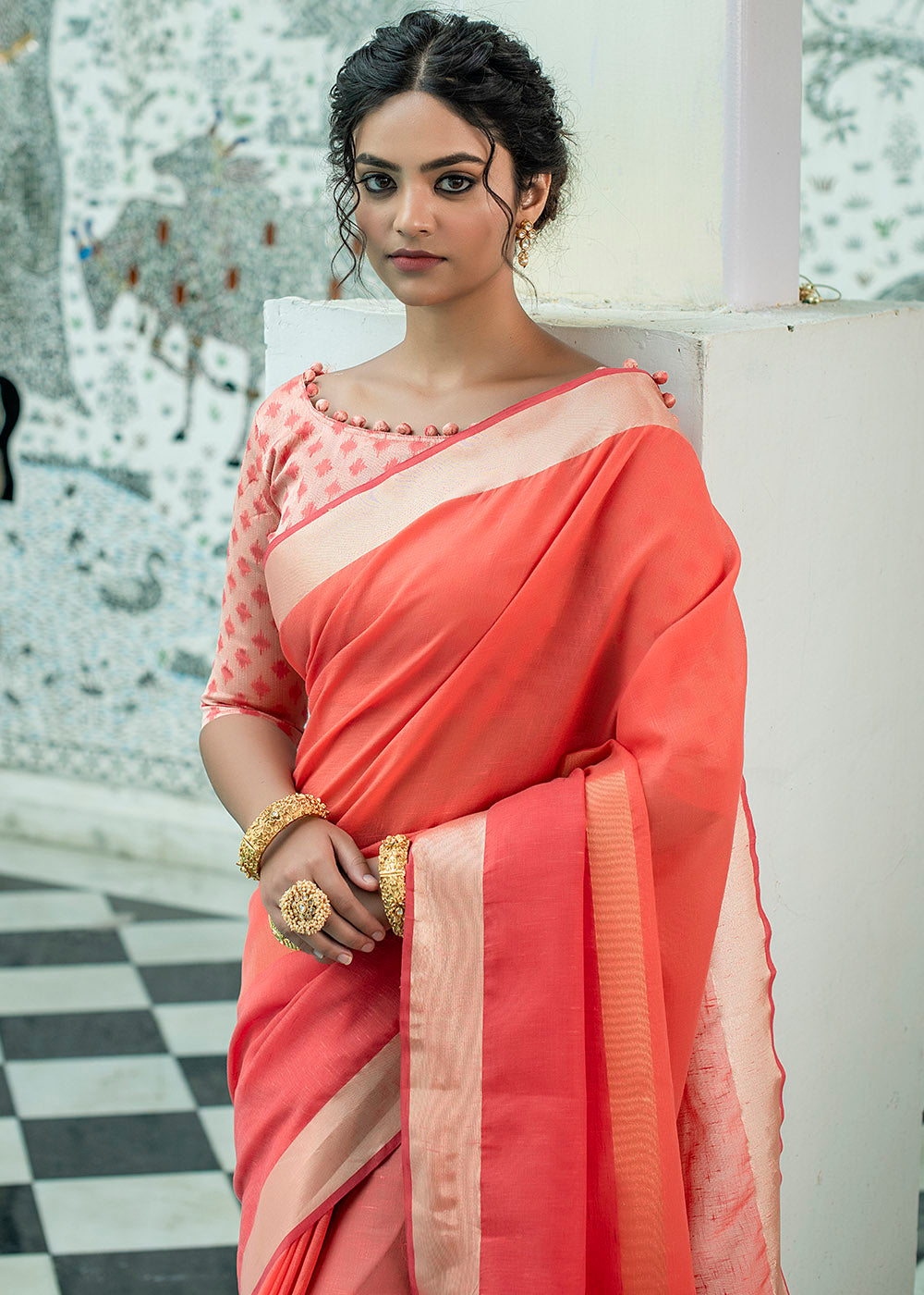 Pearl Red Zari Woven Linen Saree