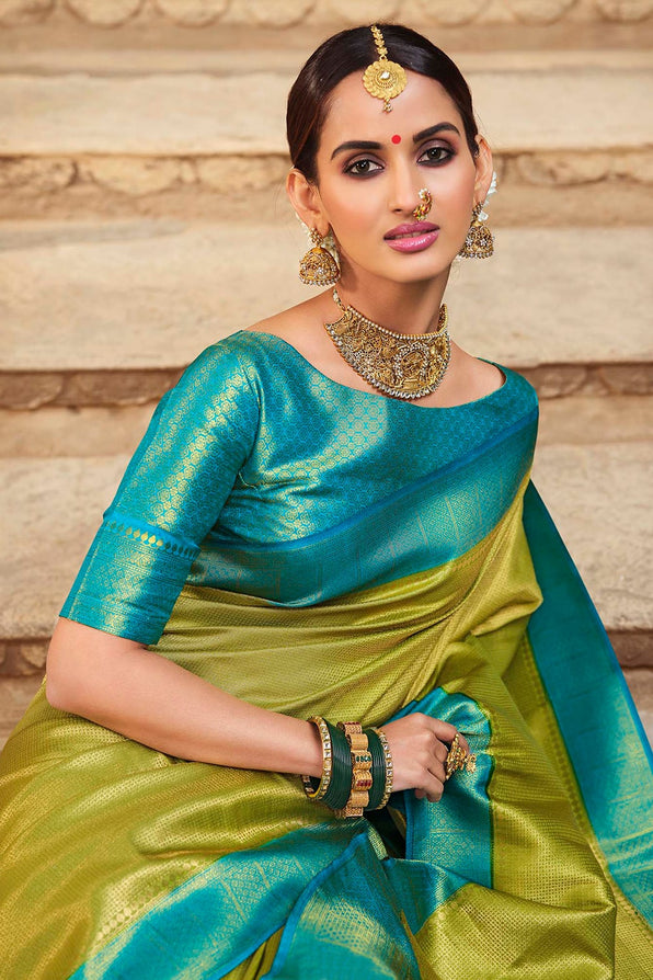 Lemon Ginger Green and Blue Zari Woven Kanjivaram Saree