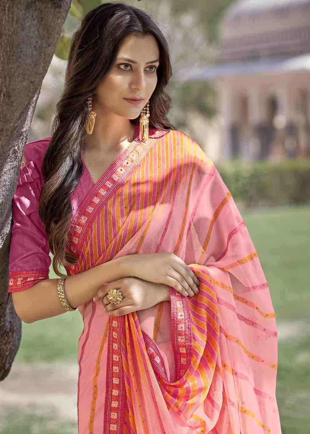 Deep Blush Pink Printed Georgette Saree