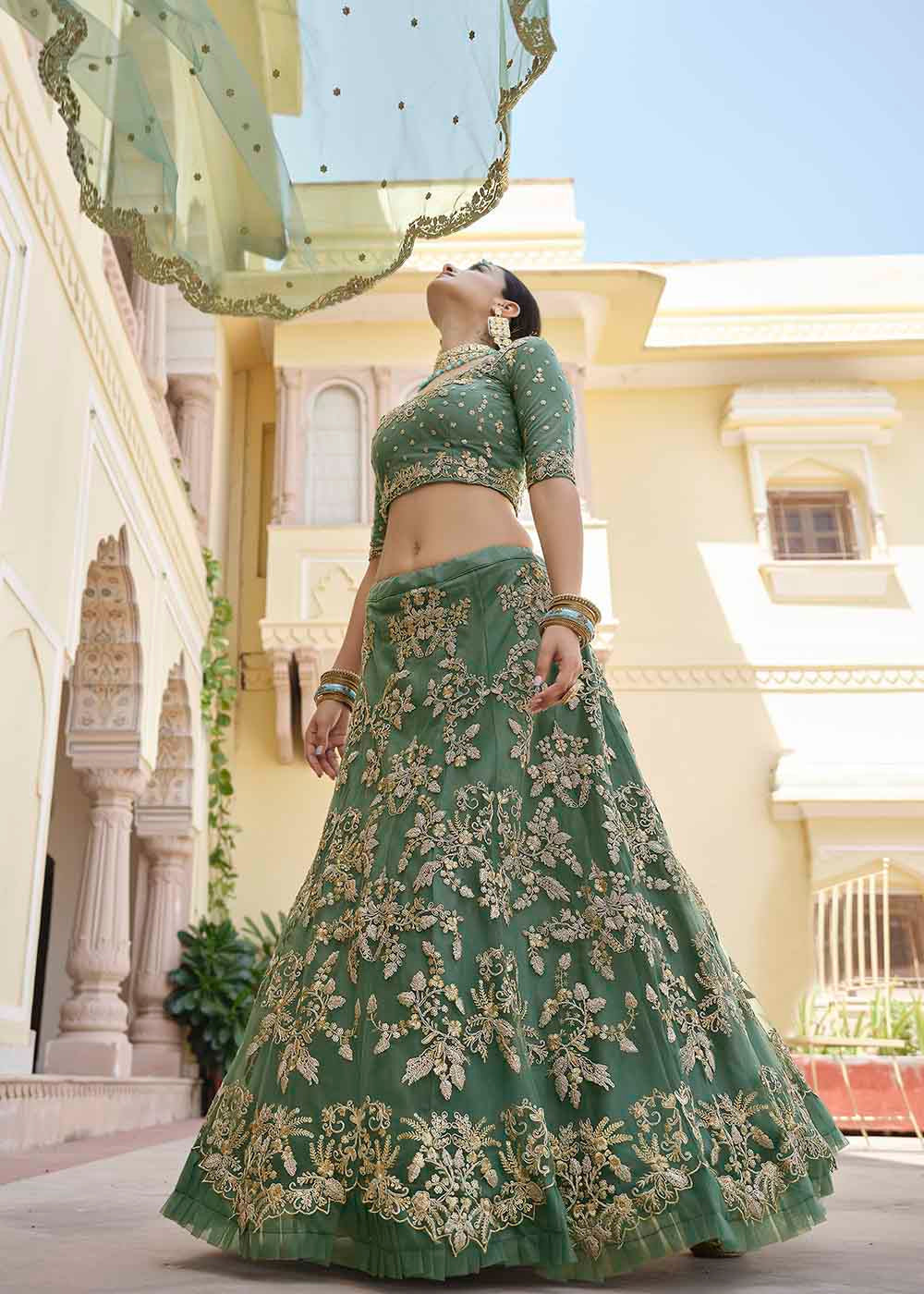 Gray Green Soft Net Designer Lehenga Choli With Dori & Sequins Work