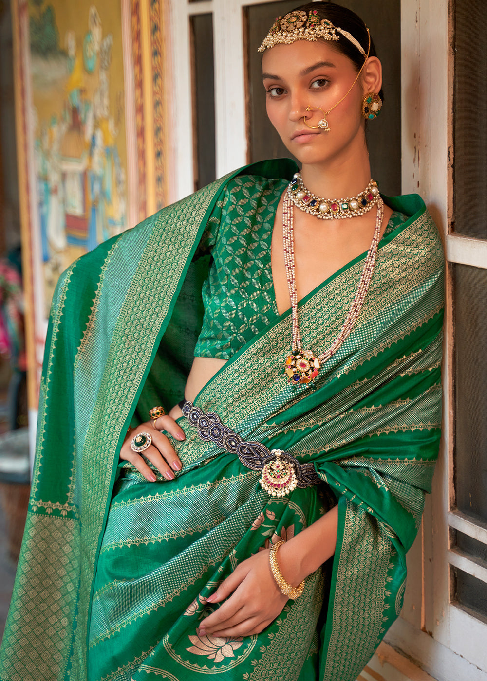 Pine Green Zari Woven Banarasi Saree