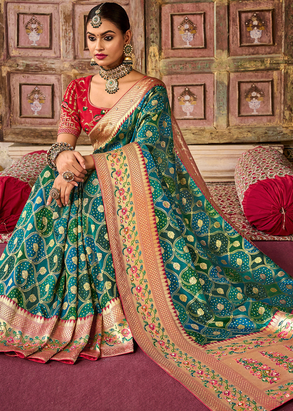 Stromboli Green and Red Patola Printed Dola Silk Saree With Embroidered Blouse