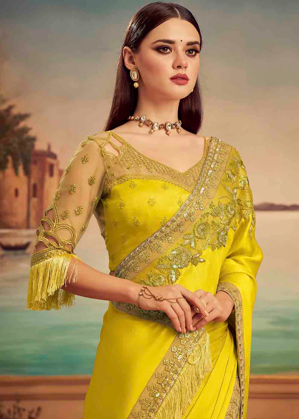 Tulip Tree Yellow Embroidered Satin Silk Designer Saree