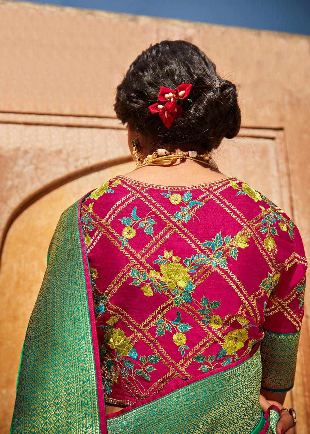 Pine Green and Pink Zari Woven Designer Banarasi Saree