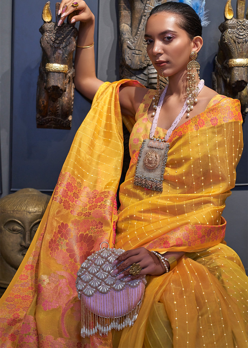 Goldenrod Yellow Woven Dual Tone Organza Banarasi Silk Saree