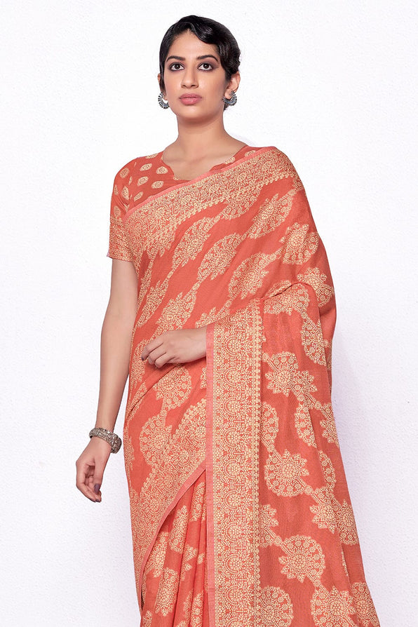 Vivid Peach Cotton Saree