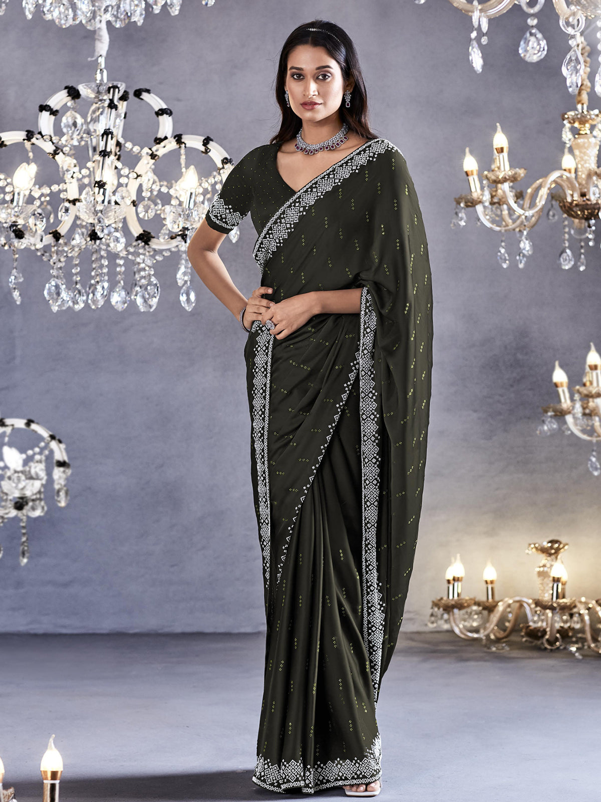 Rangitoto Green Woven Embroidered Satin Silk Saree