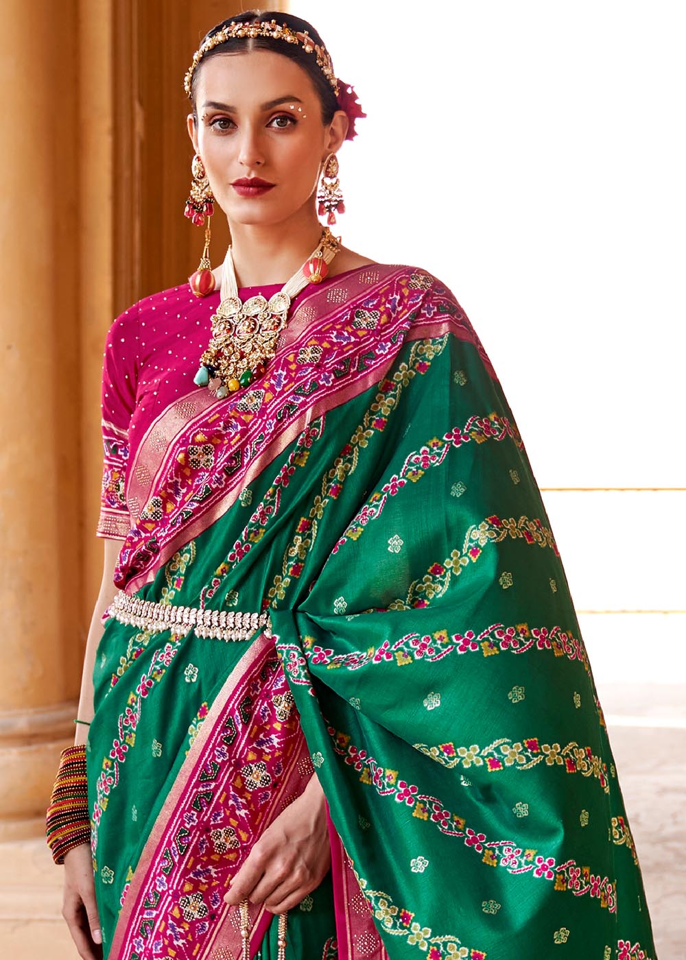 Pine Green and Pink Printed Patola Saree