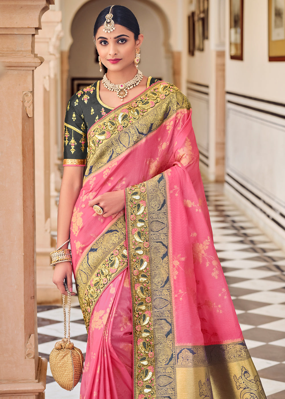 Candy Pink and Grey Zari Woven Designer Banarasi Saree