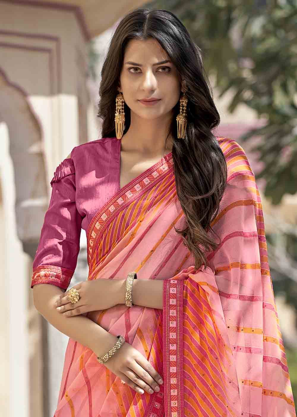 Deep Blush Pink Printed Georgette Saree