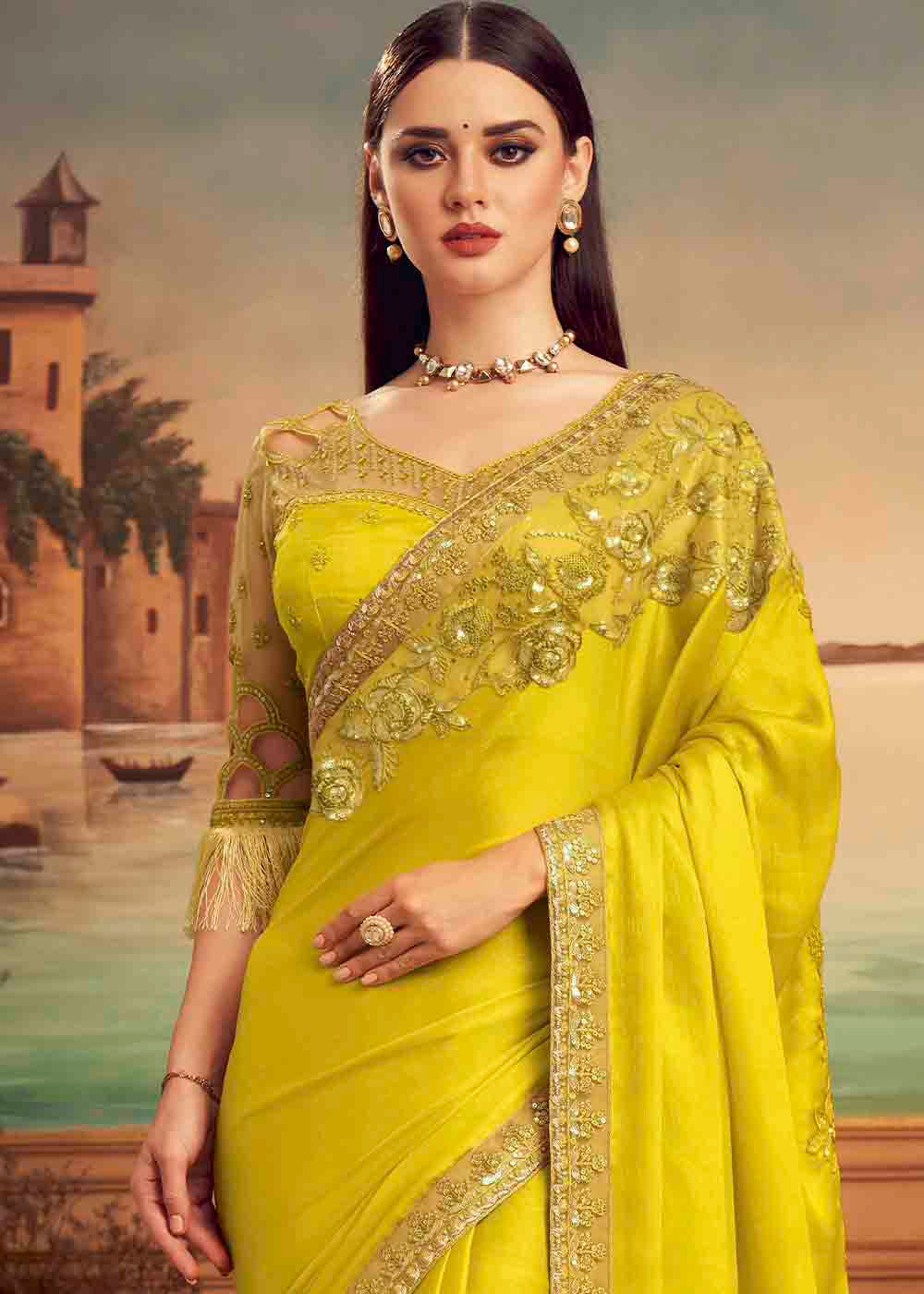 Tulip Tree Yellow Embroidered Satin Silk Designer Saree