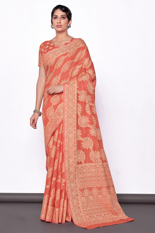 Vivid Peach Cotton Saree