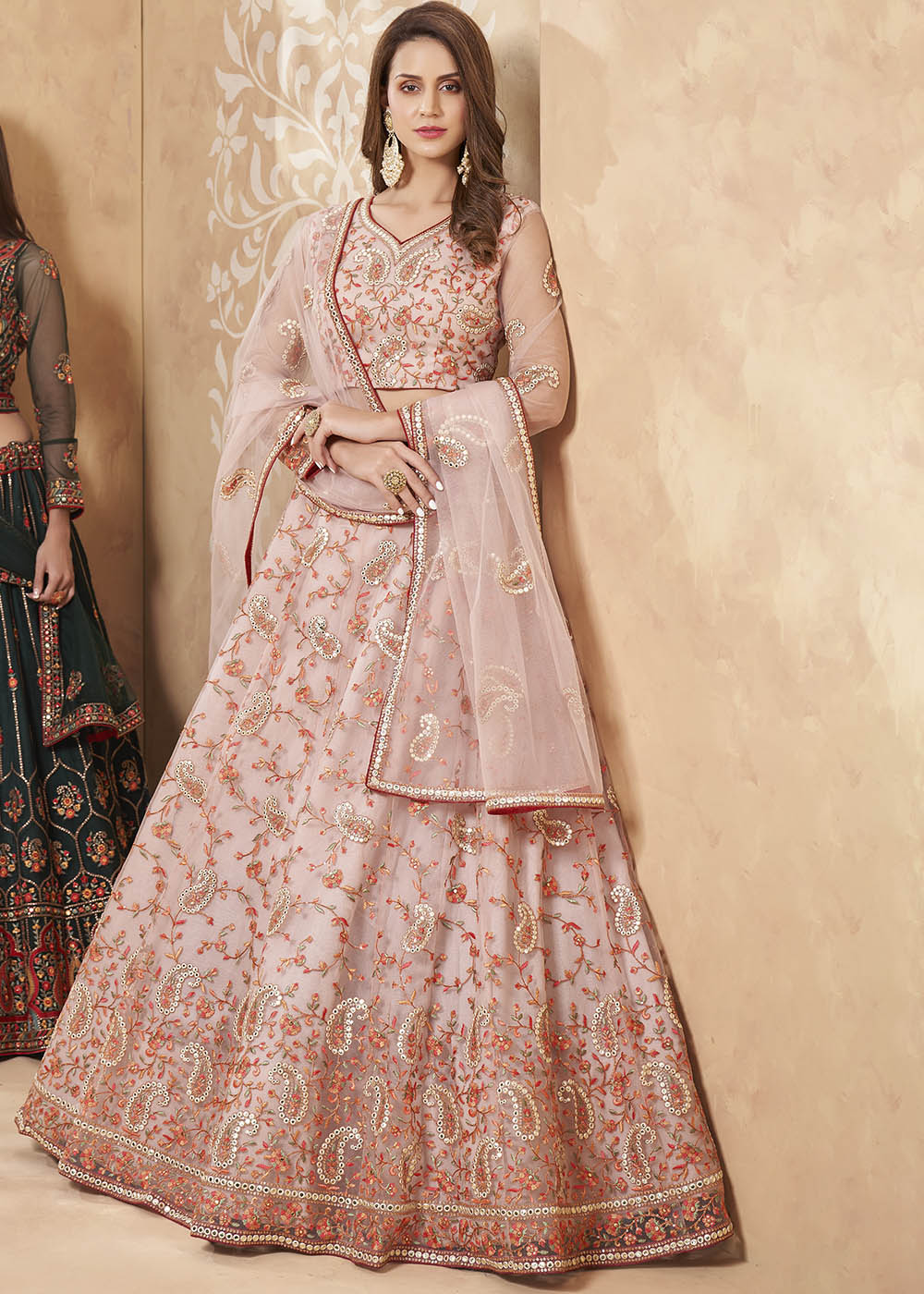 Cavern Pink Designer Net Lehenga with Multi Thread Embroidery Work